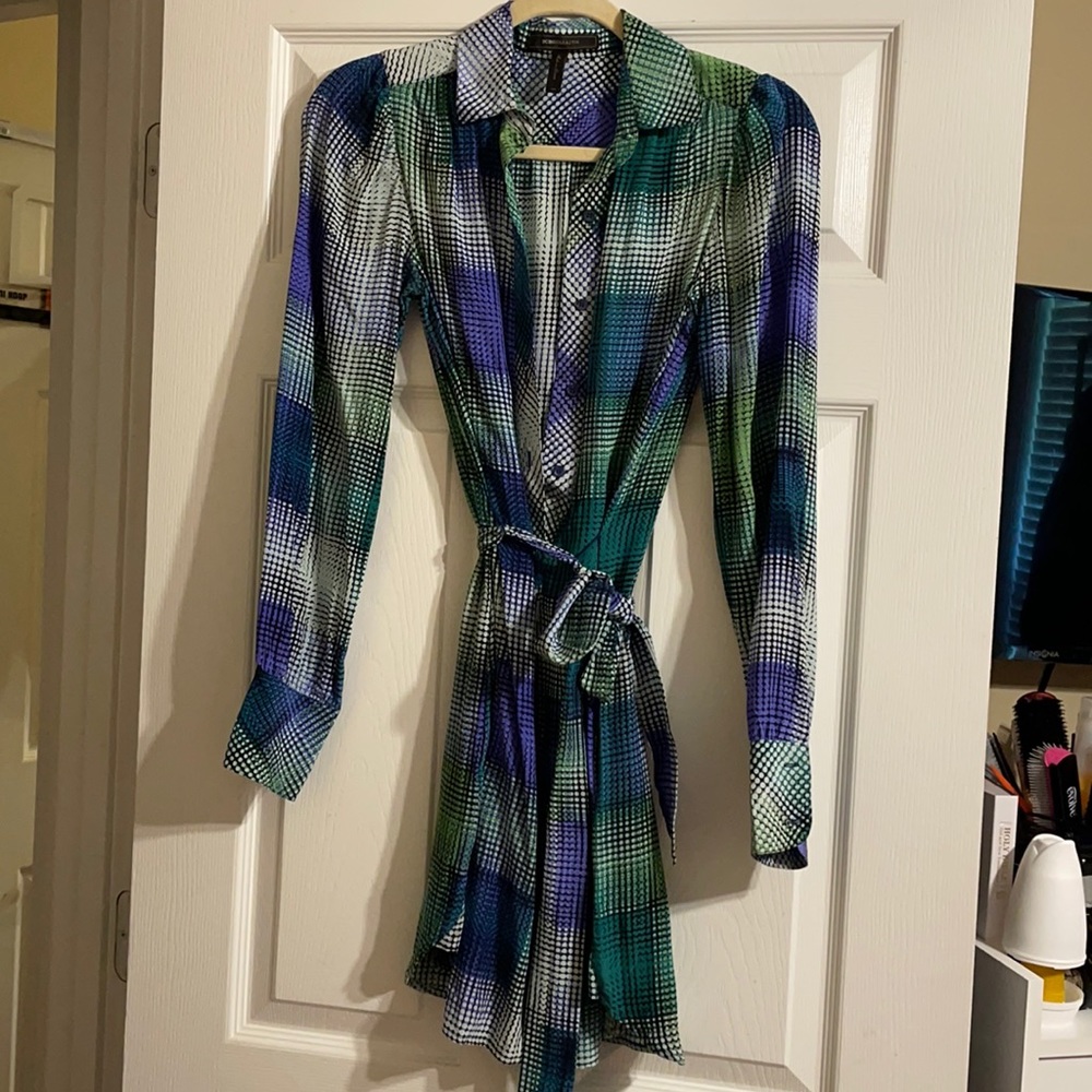 Bcbg dress! Multi colored button down with tie waist belt.